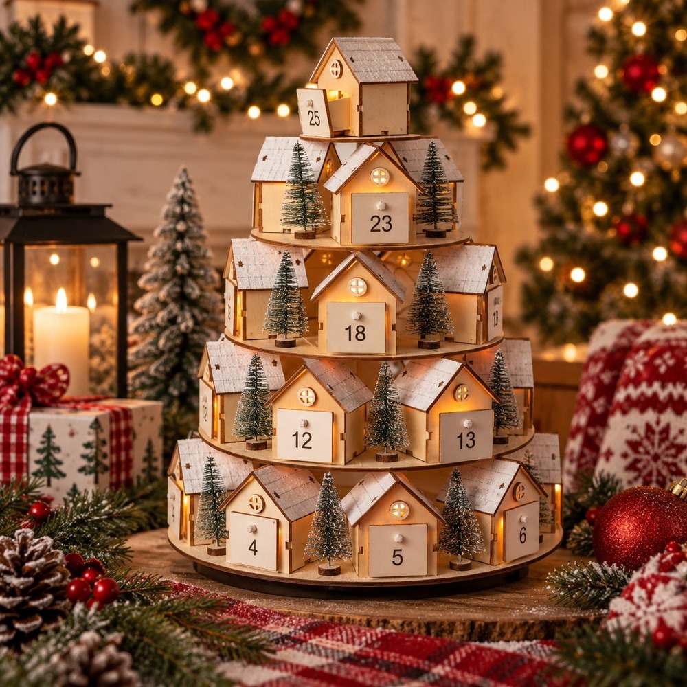 Advent Calendar Wooden Light Up 5 Tier Christmas Village Rotating Hobby Lobby